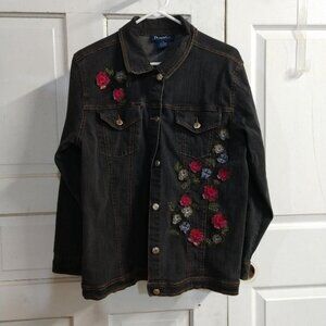 Denim & Co Washed Black Multi-Color Applique Flowers Jean Jacket Size M - Medium